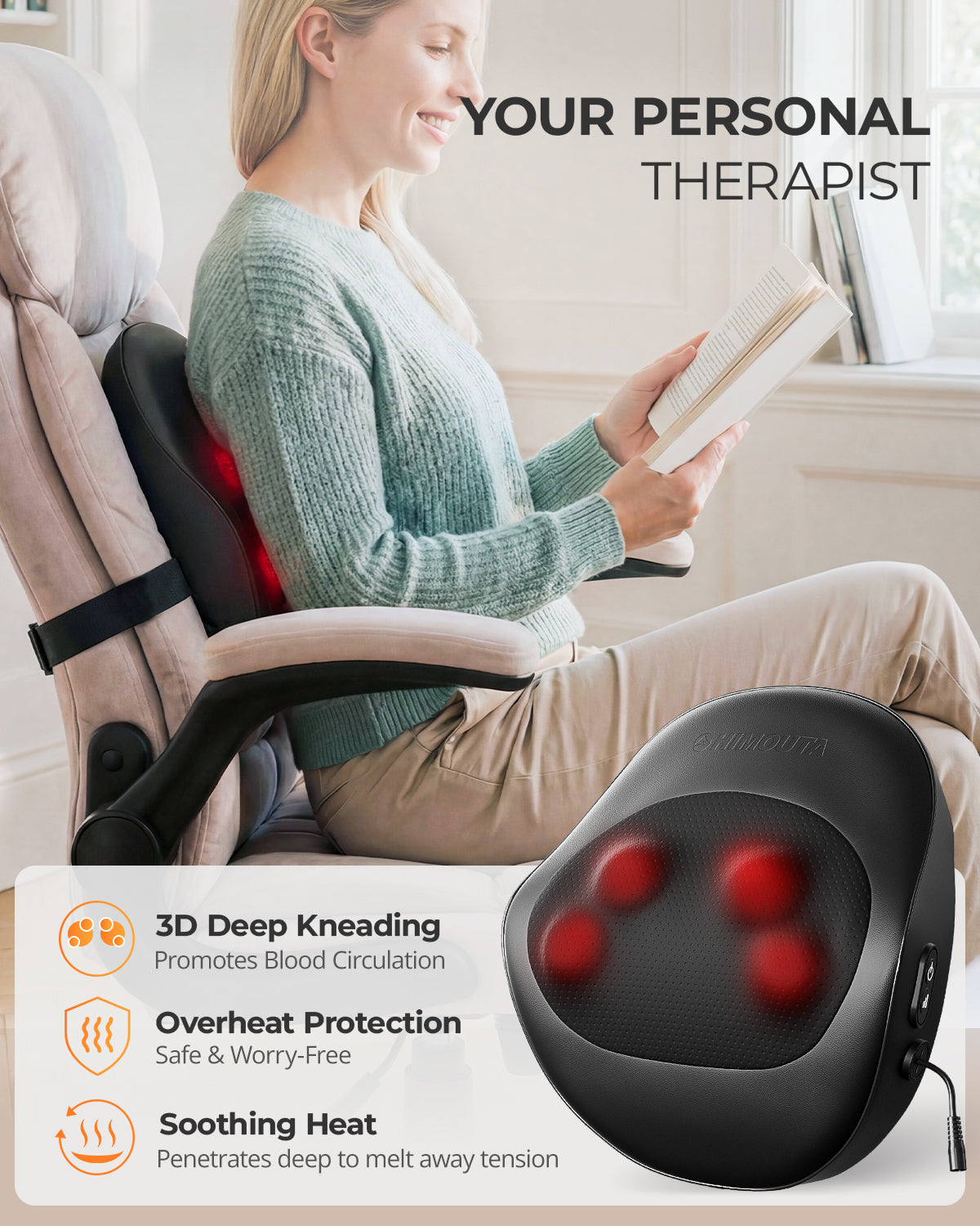 Himouta Shiatsu Back and Neck Massager with Heat, Deep Tissue 3D Kneading Massager Pillow