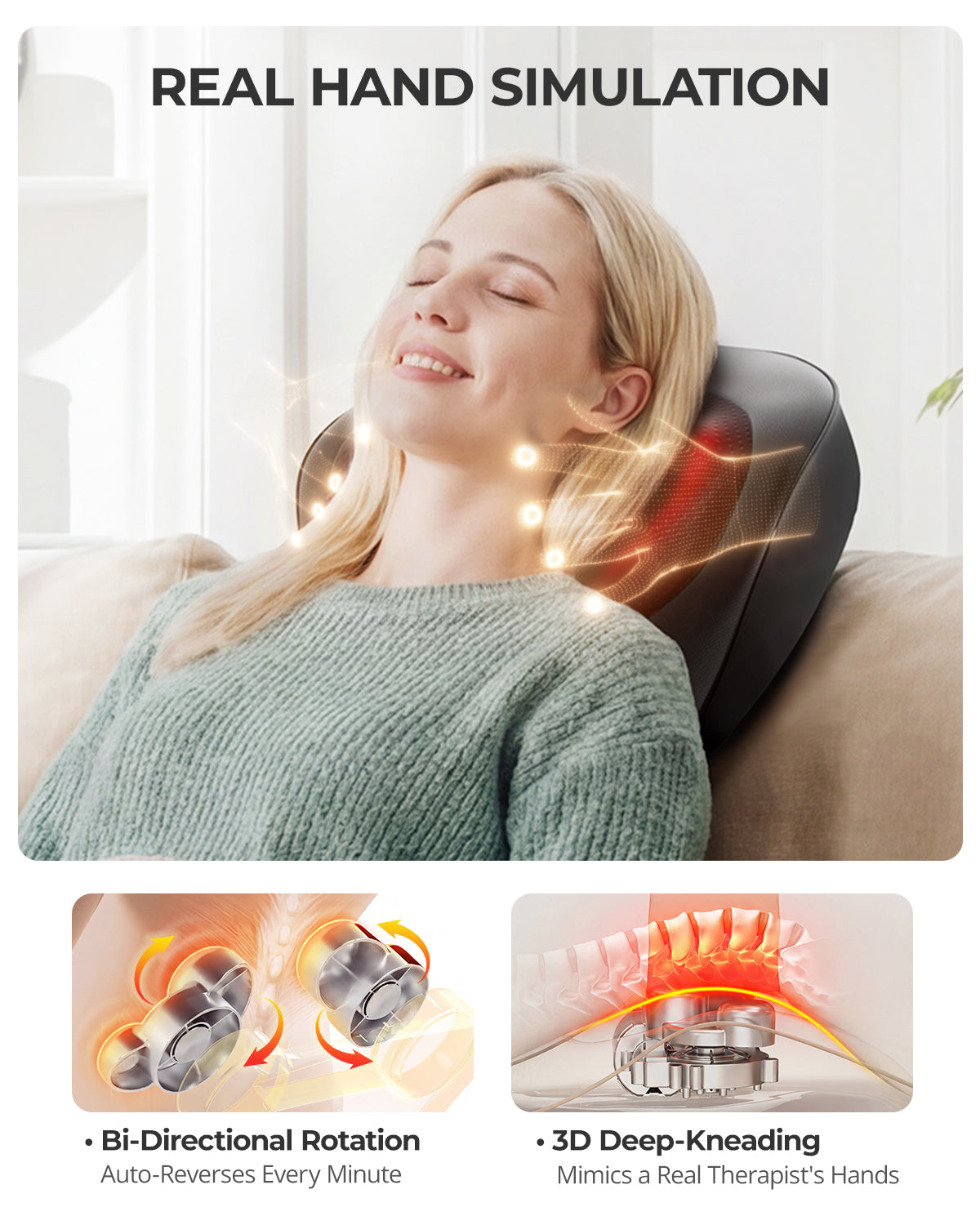 Himouta Shiatsu Back and Neck Massager with Heat, Deep Tissue 3D Kneading Massager Pillow