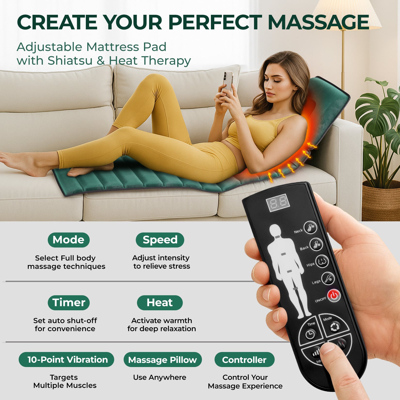 Himouta Full Body Massage Mat with Heat, Massage Chair Pad for Neck, Back, Waist, Legs